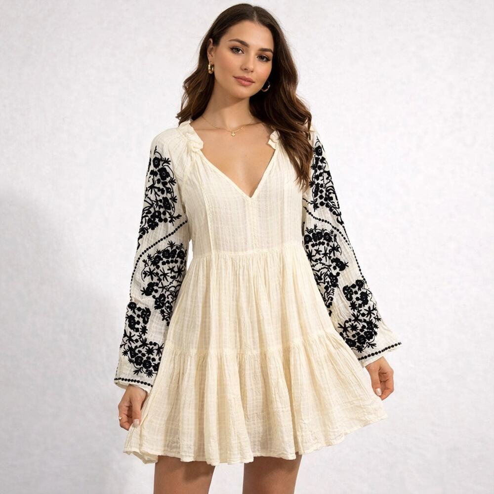 Free People Emerald City Mini Swing Dress Womens XS Ivory Embroidered Pleated